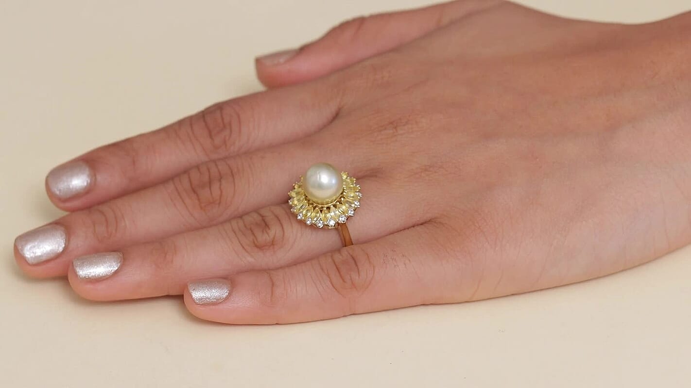 D'Joy South Sea Golden Cultured Pearl and Multi Gemstone 2.00 ctw Ring in 18K Vermeil Yellow Gold Over Sterling Silver