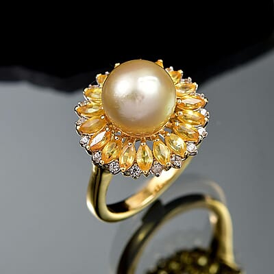 D'Joy South Sea Golden Cultured Pearl and Multi Gemstone 2.00 ctw Dawn to Dusk Ring in 18K Vermeil Yellow Gold Over Sterling Silver (Size 10.0)
