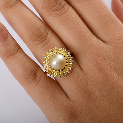 D'Joy South Sea Golden Cultured Pearl and Multi Gemstone 2.00 ctw Dawn to Dusk Ring in 18K Vermeil Yellow Gold Over Sterling Silver (Size 10.0)