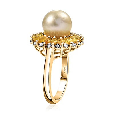 D'Joy South Sea Golden Cultured Pearl and Multi Gemstone 2.00 ctw Dawn to Dusk Ring in 18K Vermeil Yellow Gold Over Sterling Silver (Size 10.0)