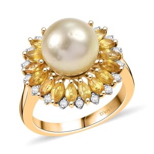 D'Joy South Sea Golden Cultured Pearl and Multi Gemstone 2.00 ctw Ring in 18K Vermeil Yellow Gold Over Sterling Silver (Size 8.0)