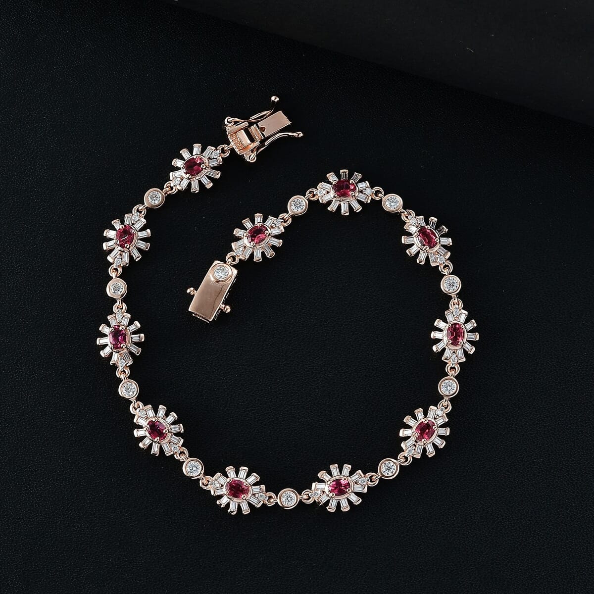 Ouro Fino Rubellite and Moissanite 5.10 ctw Floral Bracelet in 18K Vermeil Rose Gold Over Sterling Silver (8.00 In) image number 1