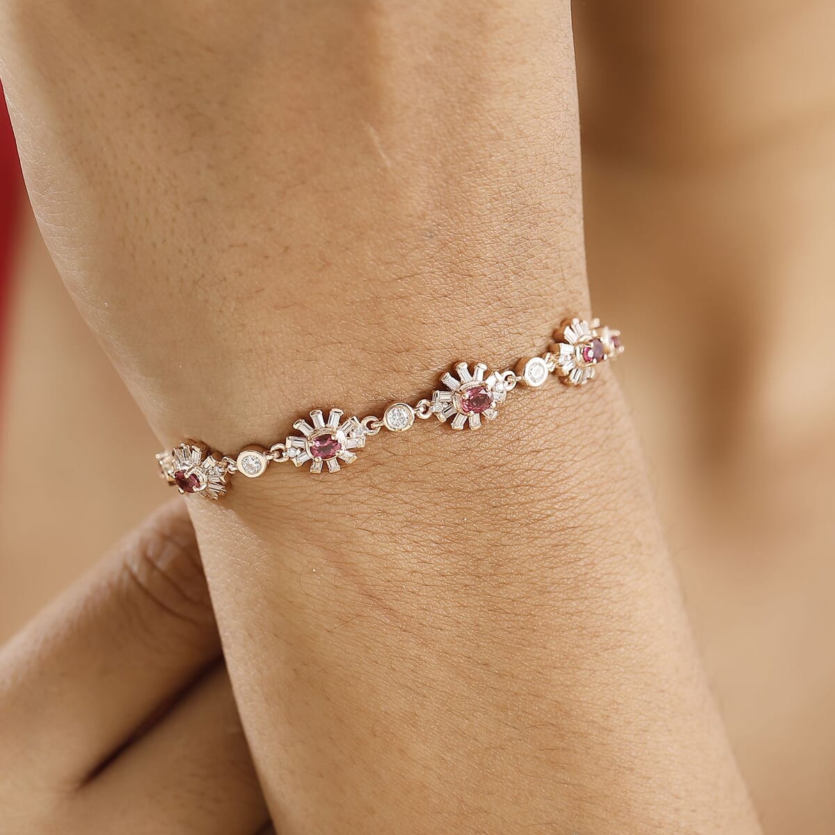 Ouro Fino Rubellite and Moissanite 5.10 ctw Floral Bracelet in 18K Vermeil Rose Gold Over Sterling Silver (8.00 In) image number 2