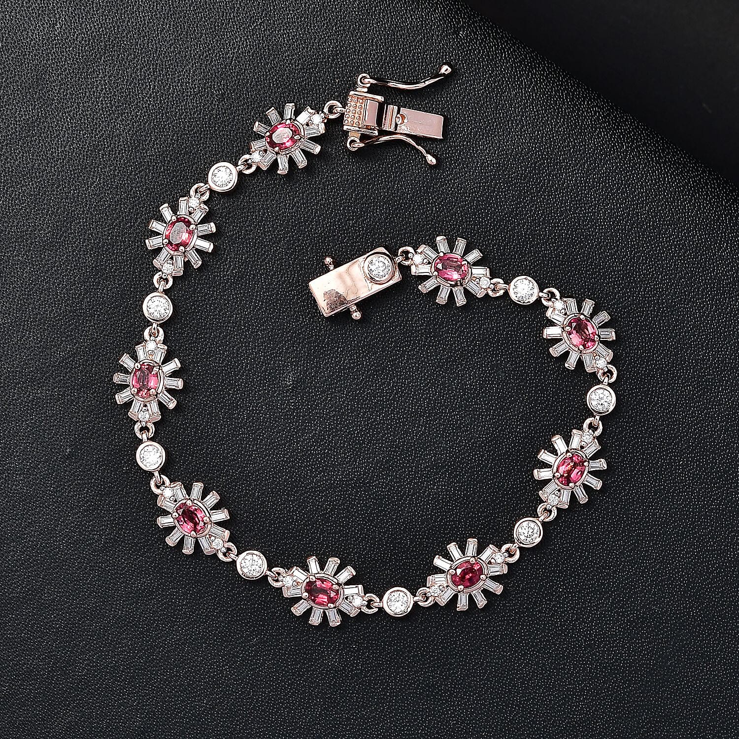 Ouro Fino Rubellite and Moissanite 4.10 ctw Bracelet in 18K Vermeil Rose Gold Over Sterling Silve (7.25 In)
