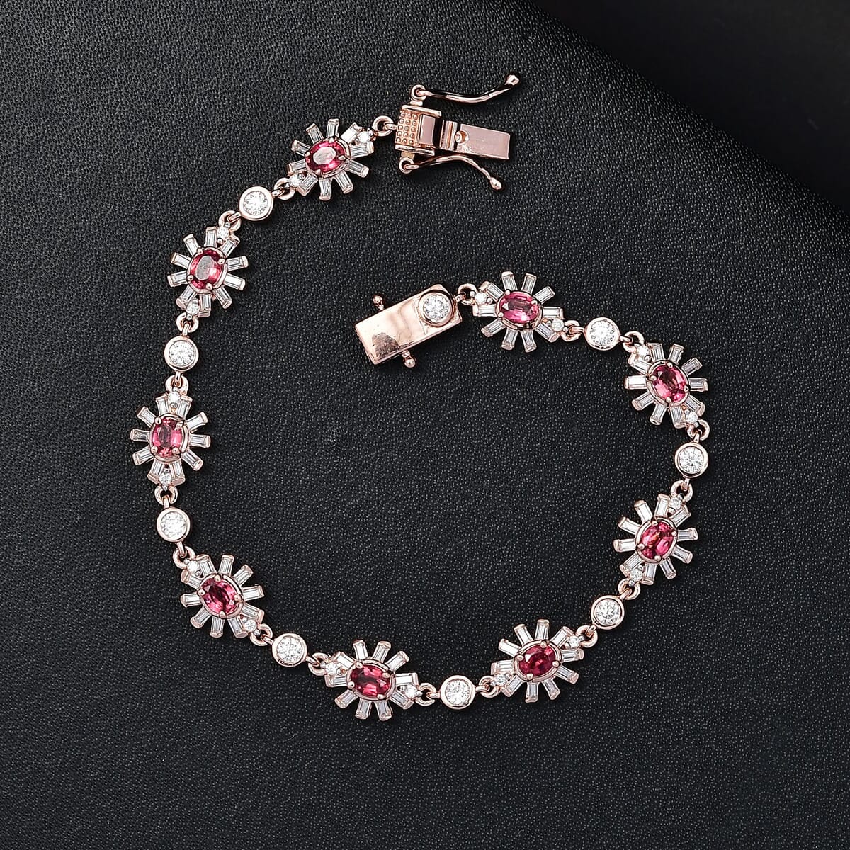 Ouro Fino Rubellite and Moissanite 3.90 ctw Floral Bracelet in 18K Vermeil Rose Gold Over Sterling Silver (6.50 In) image number 1