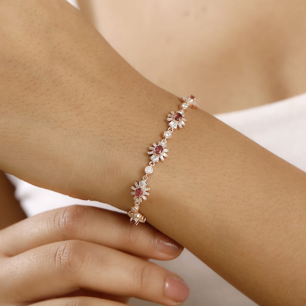 Ouro Fino Rubellite and Moissanite 3.90 ctw Floral Bracelet in 18K Vermeil Rose Gold Over Sterling Silver (6.50 In) image number 2