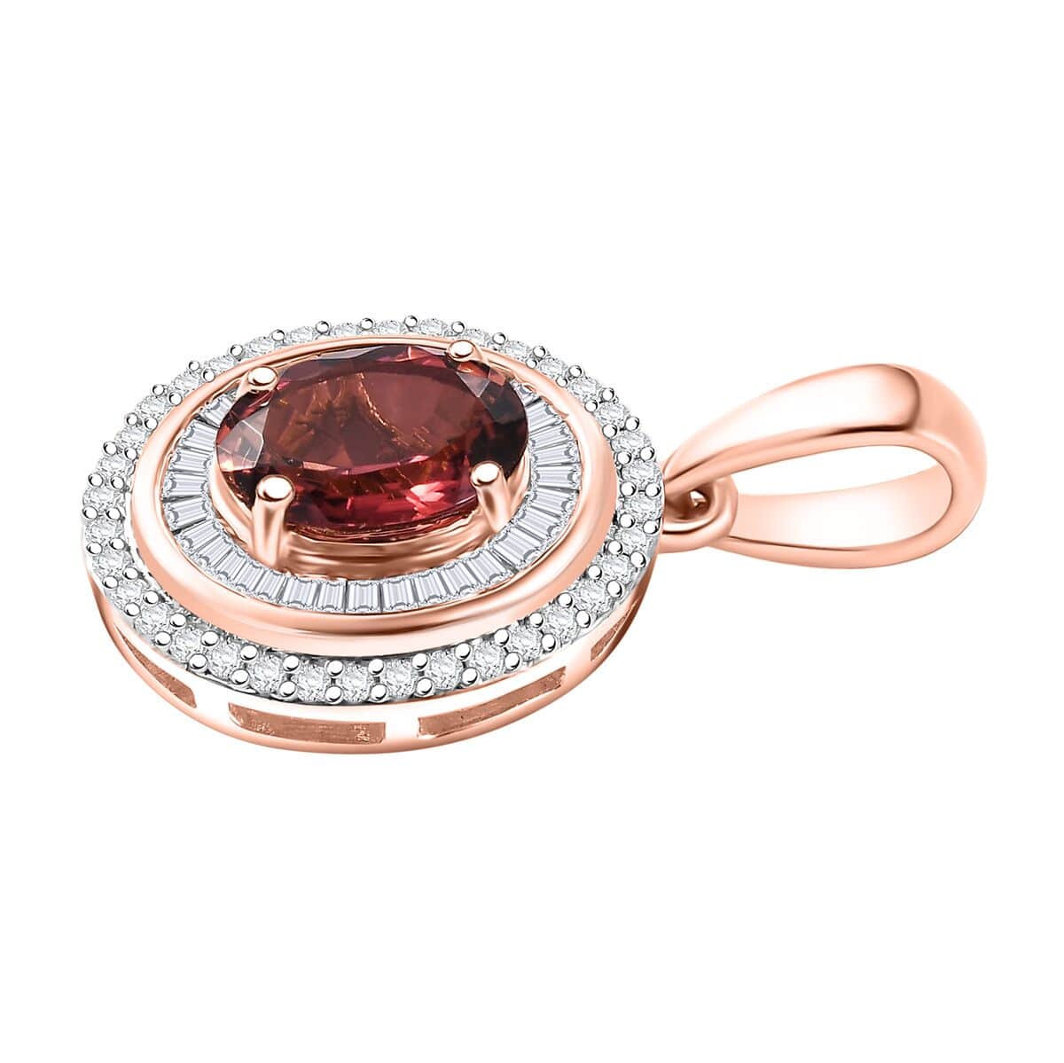 Luxoro AAA Ouro Fino Rubellite and G-H I2 Diamond 1.80 ctw Double Halo Pendant in 10K Rose Gold image number 3