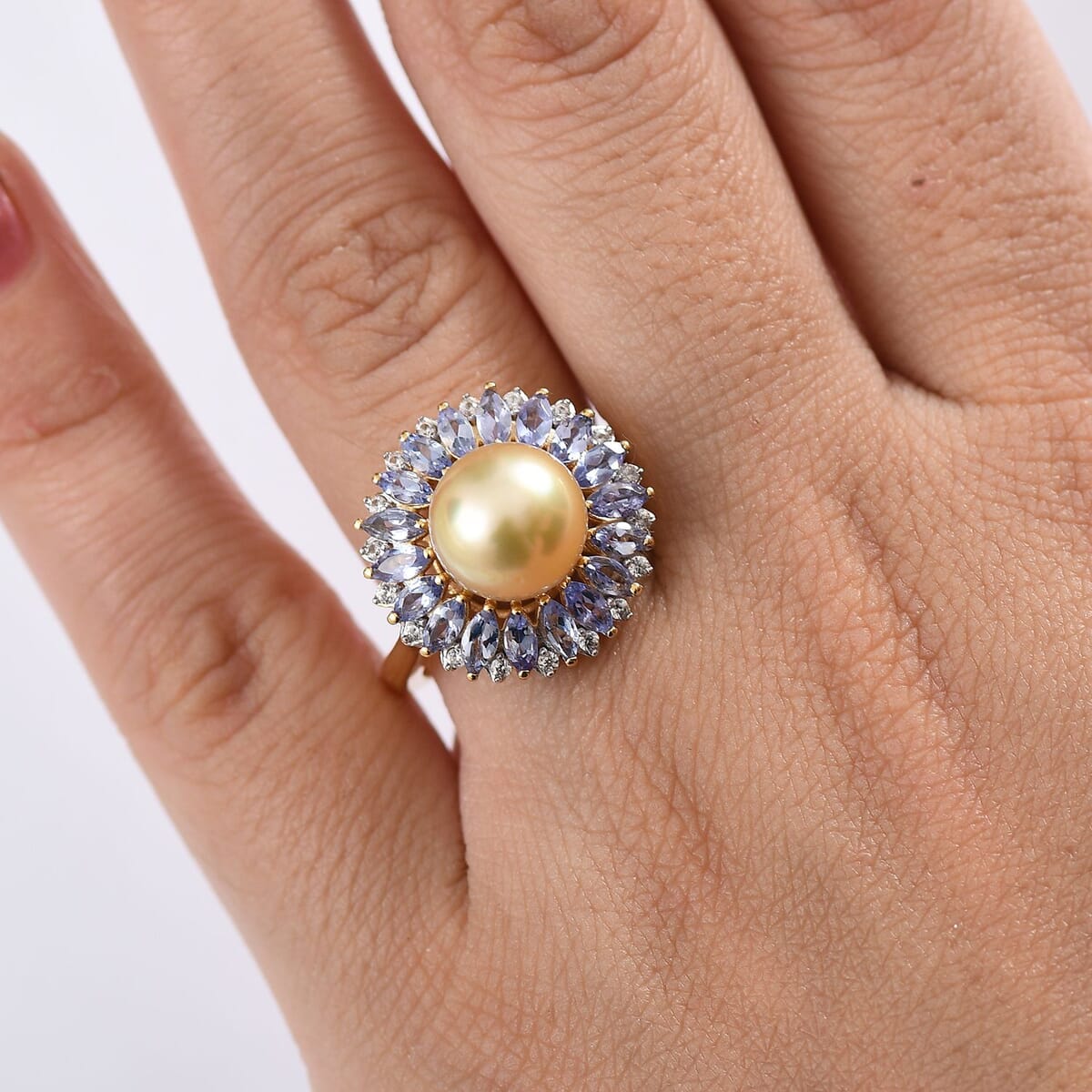 D'Joy South Sea Golden Cultured Pearl and Multi Gemstone 1.70 ctw Ring in 18K Vermeil Yellow Gold Over Sterling Silver (Size 10.0) image number 2