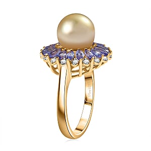 D'Joy South Sea Golden Cultured Pearl and Multi Gemstone 1.70 ctw Dawn to Dusk Ring in 18K Vermeil Yellow Gold Over Sterling Silver (Size 6.0)