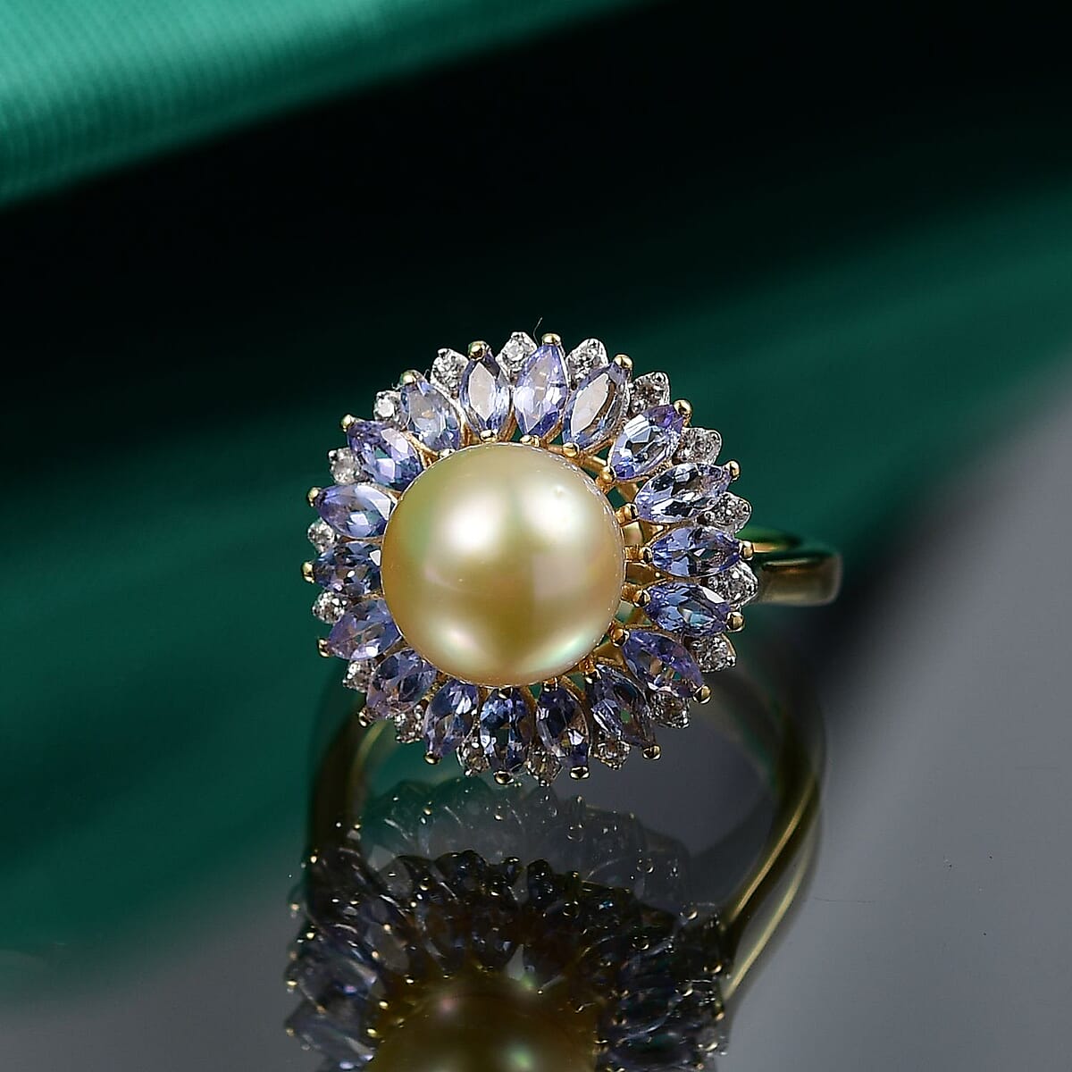 D'Joy South Sea Golden Cultured Pearl and Multi Gemstone 1.70 ctw Dawn to Dusk Ring in 18K Vermeil Yellow Gold Over Sterling Silver (Size 7.0) image number 1