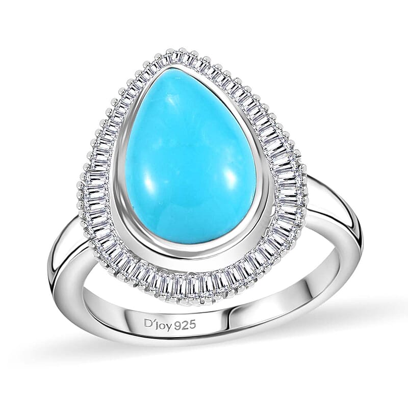 D'Joy Premium Sleeping Beauty Turquoise and Diamond 4.15 ctw Dewdrop Ring in Rhodium Over Sterling Silver (Size 10.0)