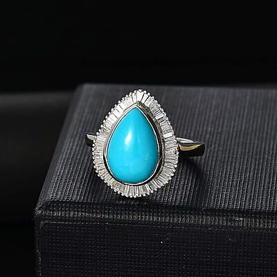D'Joy Premium Sleeping Beauty Turquoise and Diamond 4.15 ctw Dewdrop Ring in Rhodium Over Sterling Silver (Size 10.0)