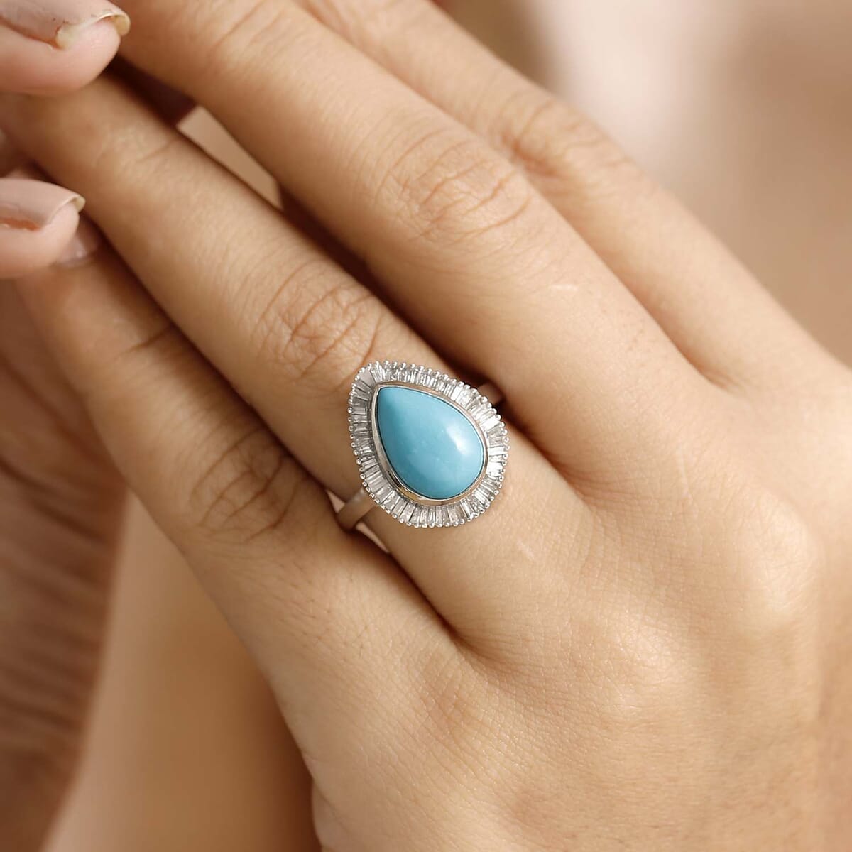 Premium Sleeping Beauty Turquoise and Diamond 4.15 ctw Dewdrop Ring in Rhodium Over Sterling Silver (Size 6.0) image number 2