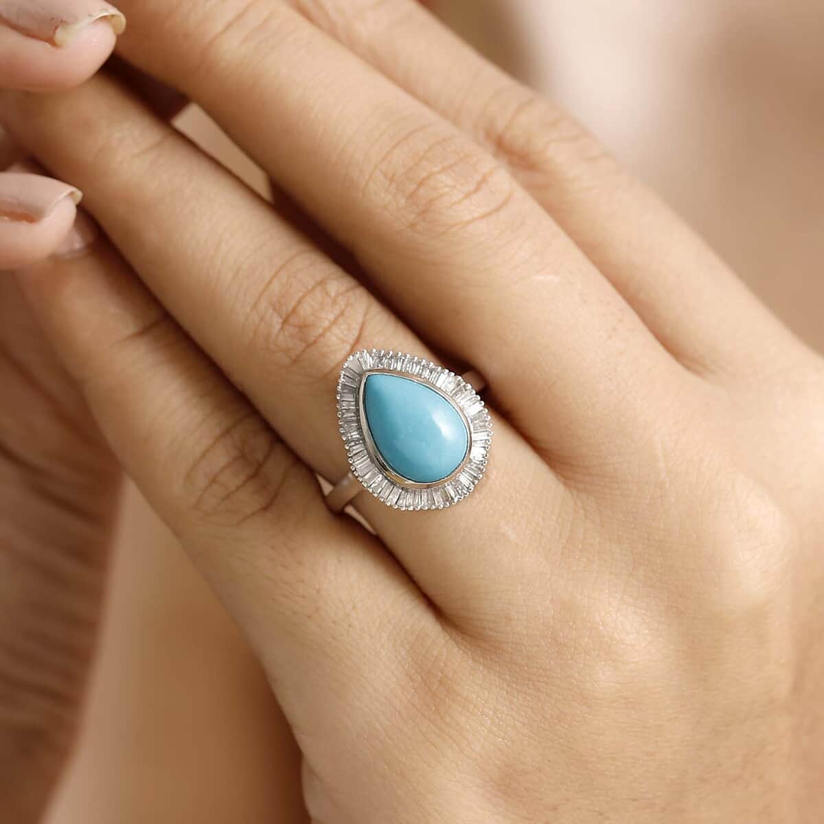 Premium Sleeping Beauty Turquoise and Diamond 4.15 ctw Dewdrop Ring in Rhodium Over Sterling Silver (Size 7.0) image number 2