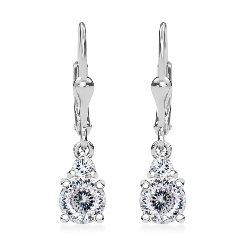 Moissanite 1.70 ctw Lever Back Earrings in Rhodium Over Sterling Silver
