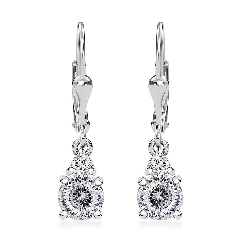 Moissanite 1.70 ctw Lever Back Earrings in Rhodium Over Sterling Silver