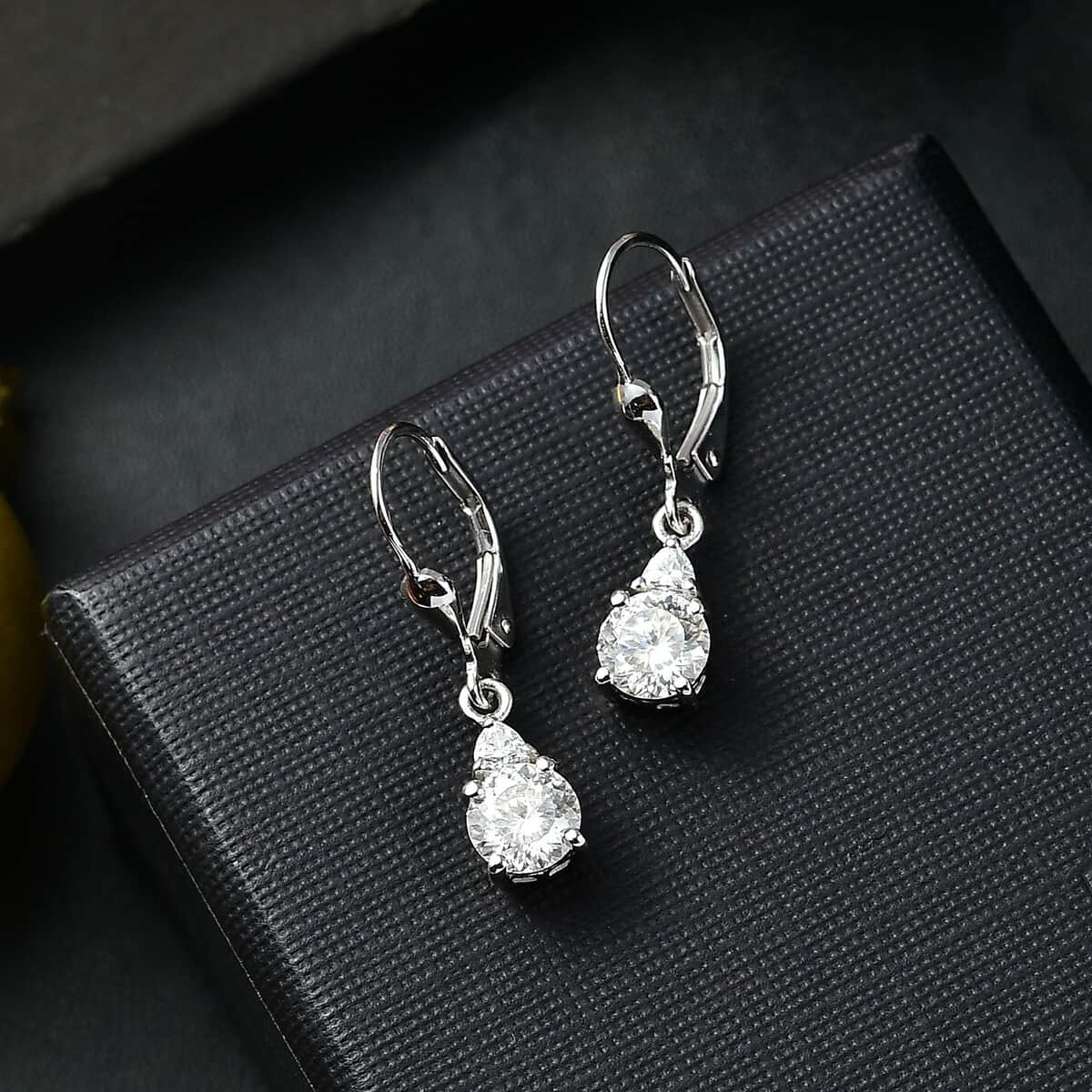 Doorbuster Moissanite 1.70 ctw Lever Back Earrings in Rhodium Over Sterling Silver image number 1