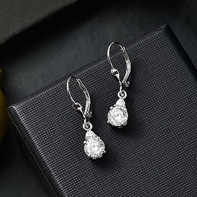 Moissanite 1.70 ctw Lever Back Earrings in Rhodium Over Sterling Silver