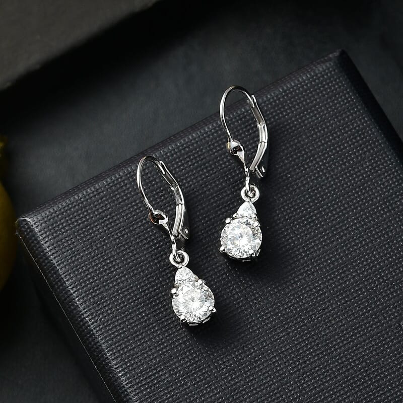 Moissanite 1.70 ctw Lever Back Earrings in Rhodium Over Sterling Silver