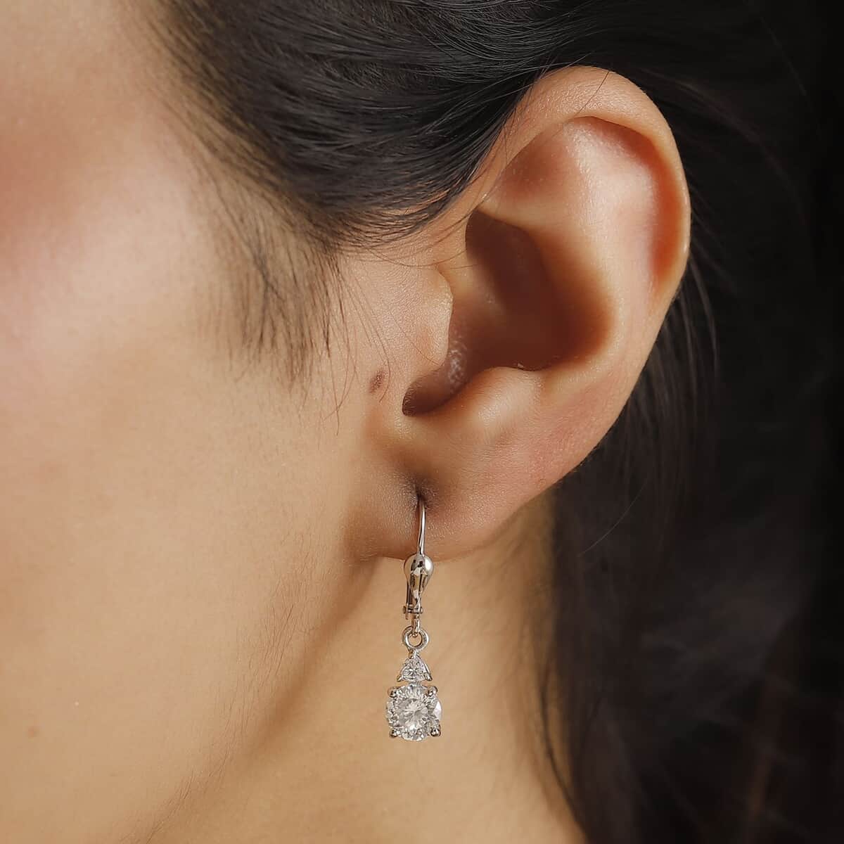 Doorbuster Moissanite 1.70 ctw Lever Back Earrings in Rhodium Over Sterling Silver image number 2