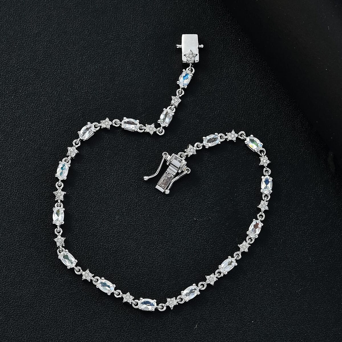 Premium Malagasy Moonstone and Moissanite 4.10 ctw Celestial Bracelet in Rhodium Over Sterling Silver (8.00 In) image number 1