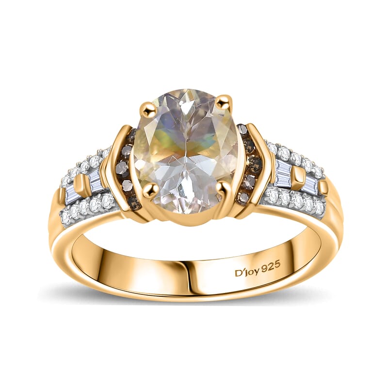 D'Joy Premium Malagasy Moonstone, Natural Champagne and White Diamond 2.20 ctw Ring in 18K Vermeil Yellow Gold Over Sterling Silver (Size 10.0) (Del. in 8-10 Days)