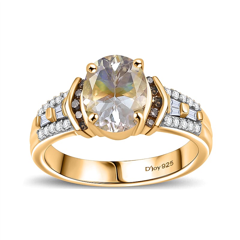 D'Joy Premium Malagasy Moonstone, Natural Champagne and White Diamond 2.20 ctw Ring in 18K Vermeil Yellow Gold Over Sterling Silver (Size 10.0) (Del. in 8-10 Days)