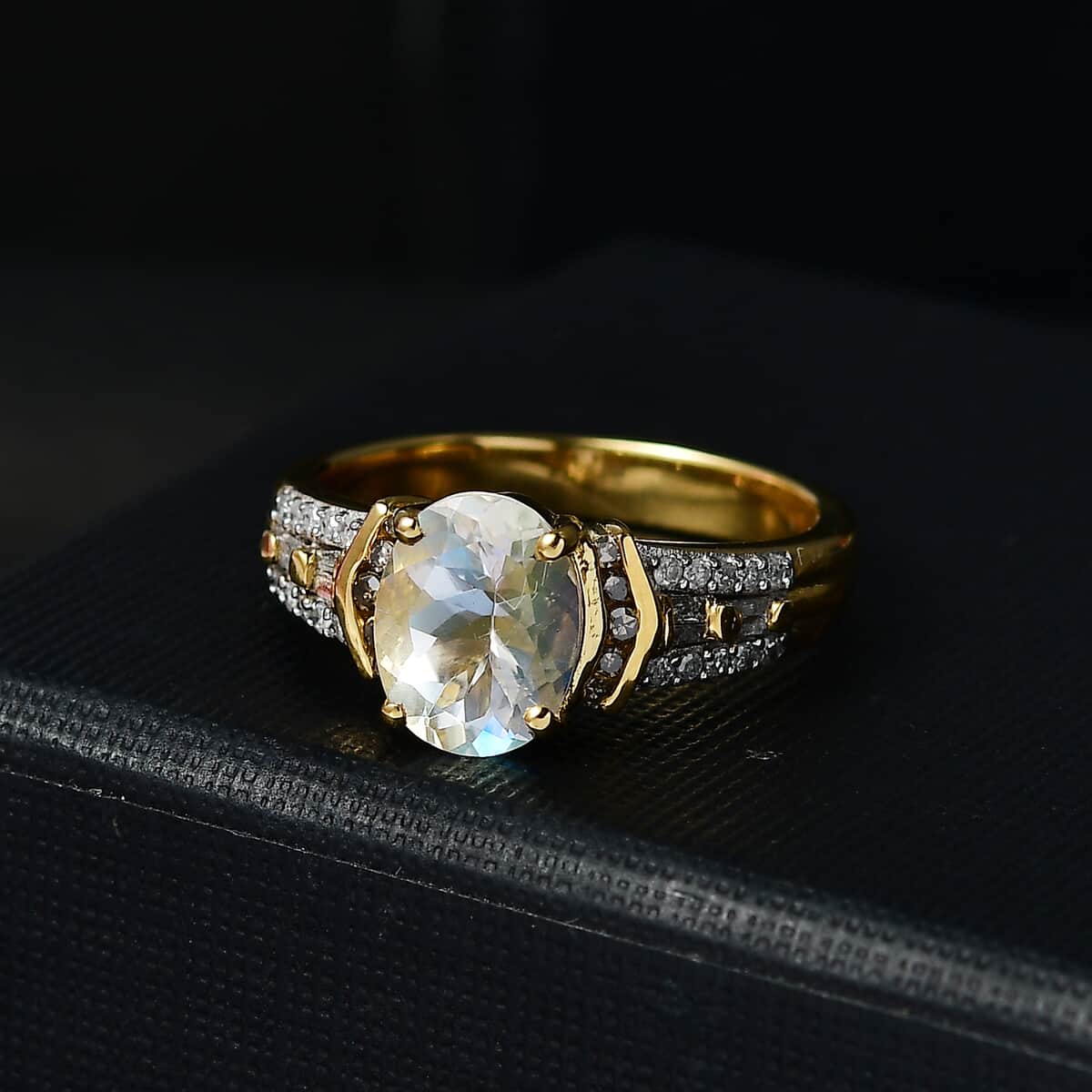 Premium Malagasy Moonstone, Natural Champagne and White Diamond 2.20 ctw Ring in 18K Vermeil Yellow Gold Over Sterling Silver (Size 10.0) (Del. in 8-10 Days) image number 1