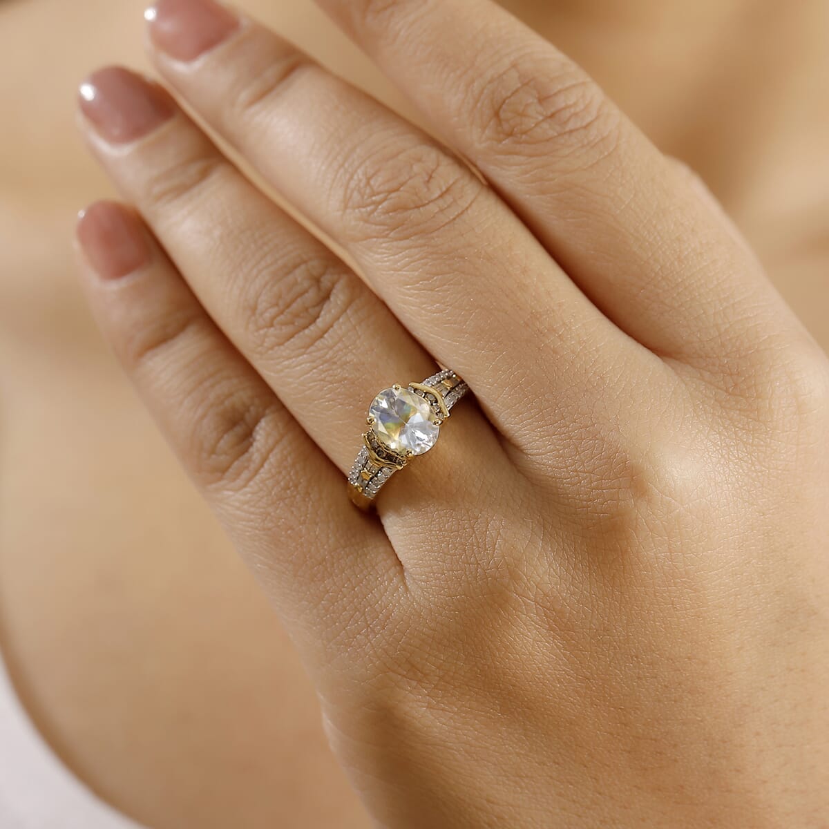 Premium Malagasy Moonstone, Natural Champagne and White Diamond 2.20 ctw Ring in 18K Vermeil Yellow Gold Over Sterling Silver (Size 6.0) (Del. in 8-10 Days) image number 2