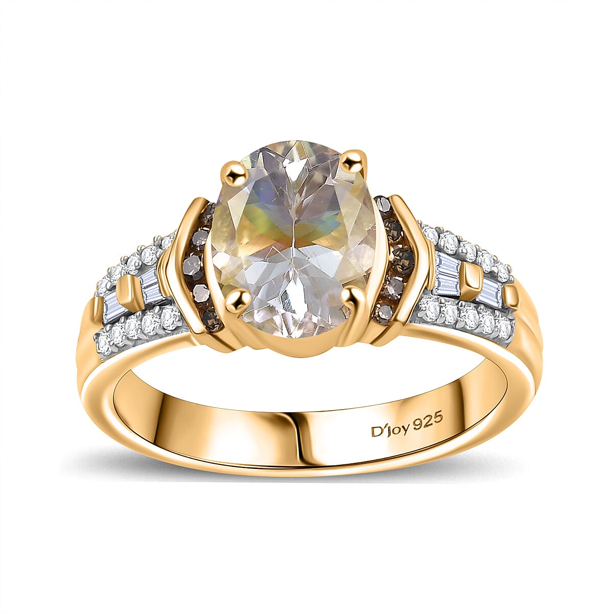 D'Joy Premium Malagasy Moonstone, Natural Champagne and White Diamond 2.20 ctw Ring in 18K Vermeil Yellow Gold Over Sterling Silver (Size 8.0) (Del. in 8-10 Days) image number 0