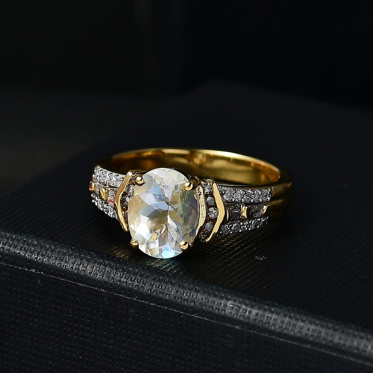 D'Joy Premium Malagasy Moonstone, Natural Champagne and White Diamond 2.20 ctw Ring in 18K Vermeil Yellow Gold Over Sterling Silver (Size 8.0) (Del. in 8-10 Days) image number 1