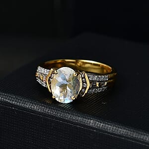 D'Joy Premium Malagasy Moonstone, Natural Champagne and White Diamond 2.20 ctw Ring in 18K Vermeil Yellow Gold Over Sterling Silver (Size 8.0) (Del. in 8-10 Days)