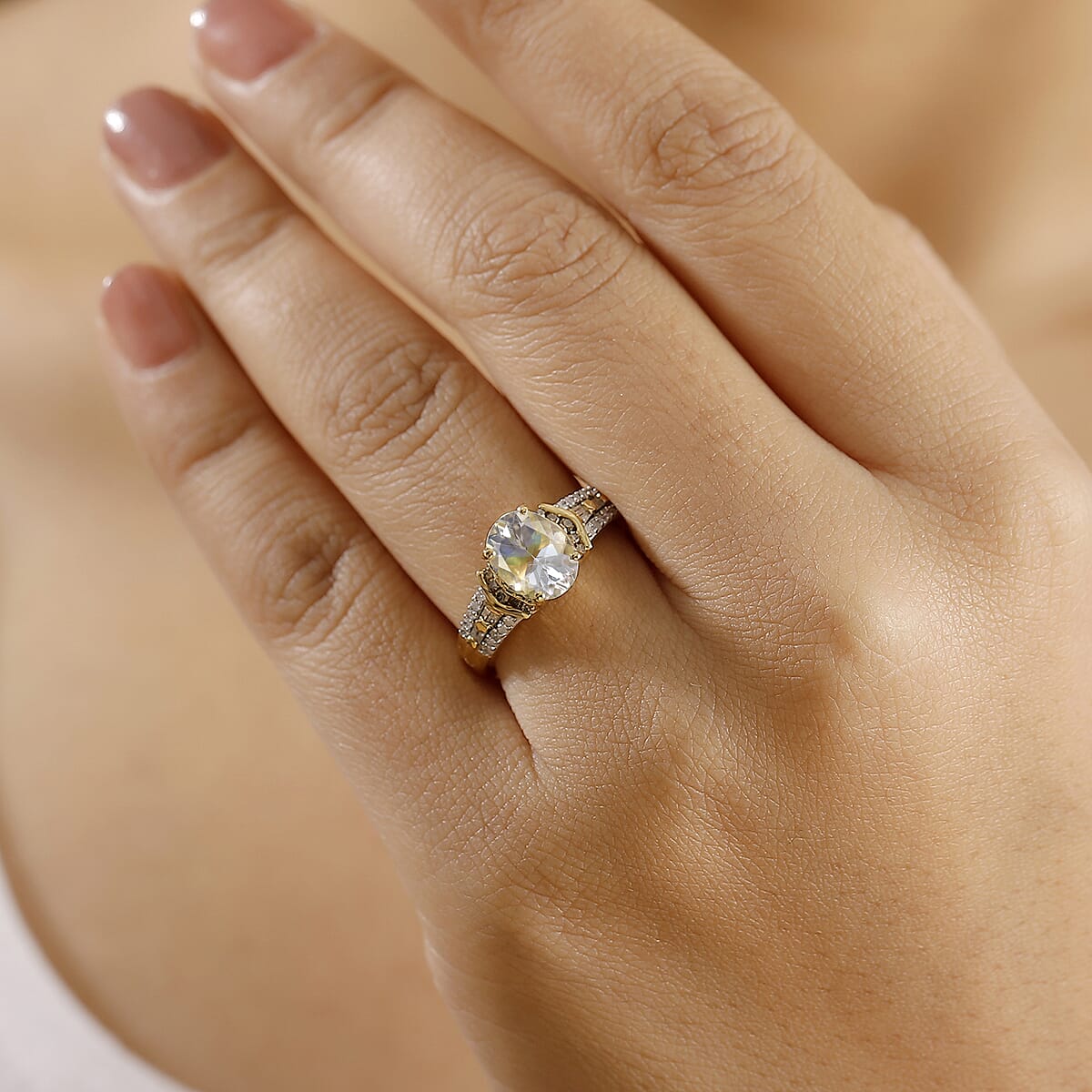 D'Joy Premium Malagasy Moonstone, Natural Champagne and White Diamond 2.20 ctw Ring in 18K Vermeil Yellow Gold Over Sterling Silver (Size 8.0) (Del. in 8-10 Days) image number 2