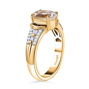 D'Joy Premium Malagasy Moonstone, Natural Champagne and White Diamond 2.20 ctw Ring in 18K Vermeil Yellow Gold Over Sterling Silver (Size 8.0) (Del. in 8-10 Days)