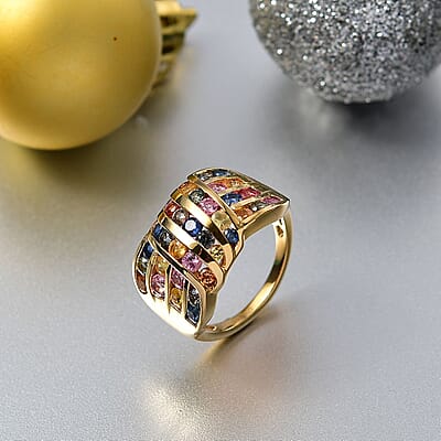 D'Joy Multi Sapphire 2.90 ctw Ocean Waves Ring in 18K Vermeil Yellow Gold Over Sterling Silver (Size 10.0)