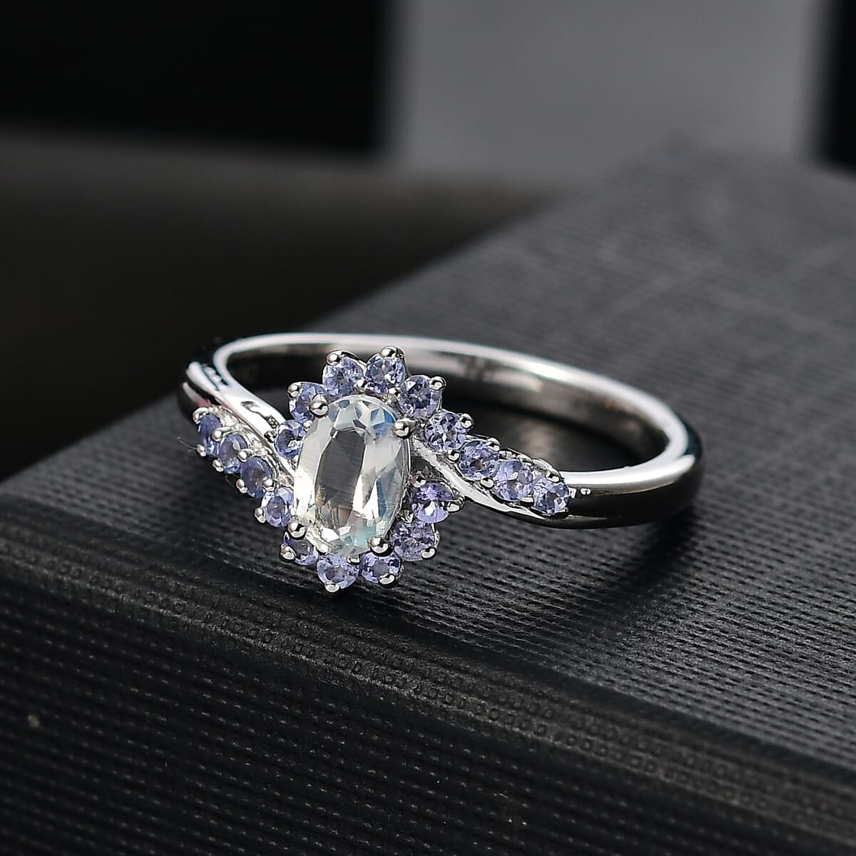 Premium Malagasy Moonstone and Tanzanite 0.75 ctw Bypass Sunburst Ring in Rhodium Over Sterling Silver (Size 7.0) image number 1