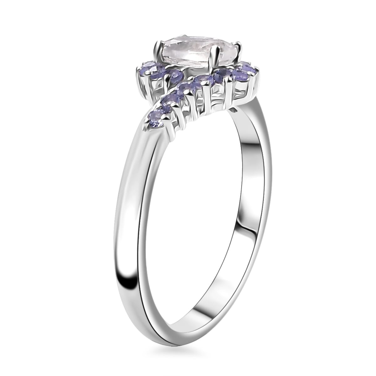 Premium Malagasy Moonstone and Tanzanite 0.75 ctw Bypass Sunburst Ring in Rhodium Over Sterling Silver (Size 7.0) image number 3