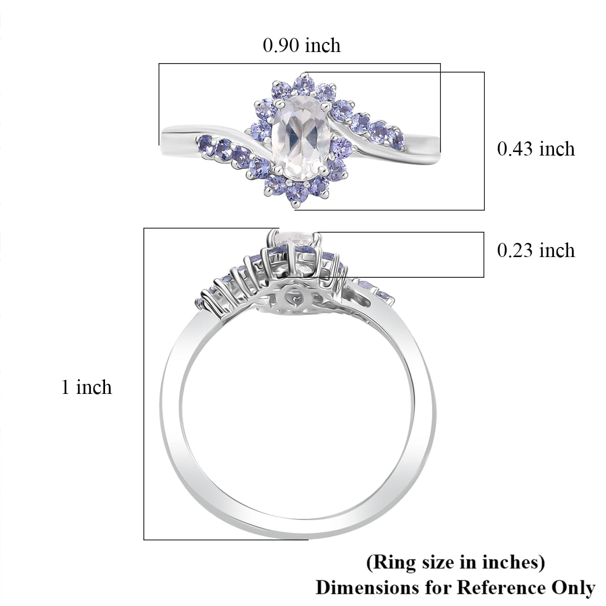 Premium Malagasy Moonstone and Tanzanite 0.75 ctw Bypass Sunburst Ring in Rhodium Over Sterling Silver (Size 7.0) image number 5