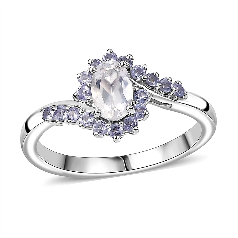 D'Joy Premium Malagasy Moonstone and Tanzanite 0.75 ctw Bypass Sunburst Ring in Rhodium Over Sterling Silver (Size 8.0) (Del. in 8-10 Days)