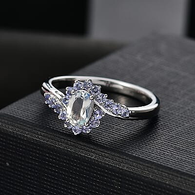 D'Joy Premium Malagasy Moonstone and Tanzanite 0.75 ctw Bypass Sunburst Ring in Rhodium Over Sterling Silver (Size 8.0) (Del. in 8-10 Days)