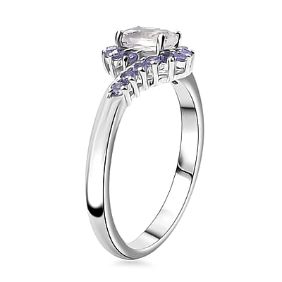 D'Joy Premium Malagasy Moonstone and Tanzanite 0.75 ctw Bypass Sunburst Ring in Rhodium Over Sterling Silver (Size 8.0) (Del. in 8-10 Days)