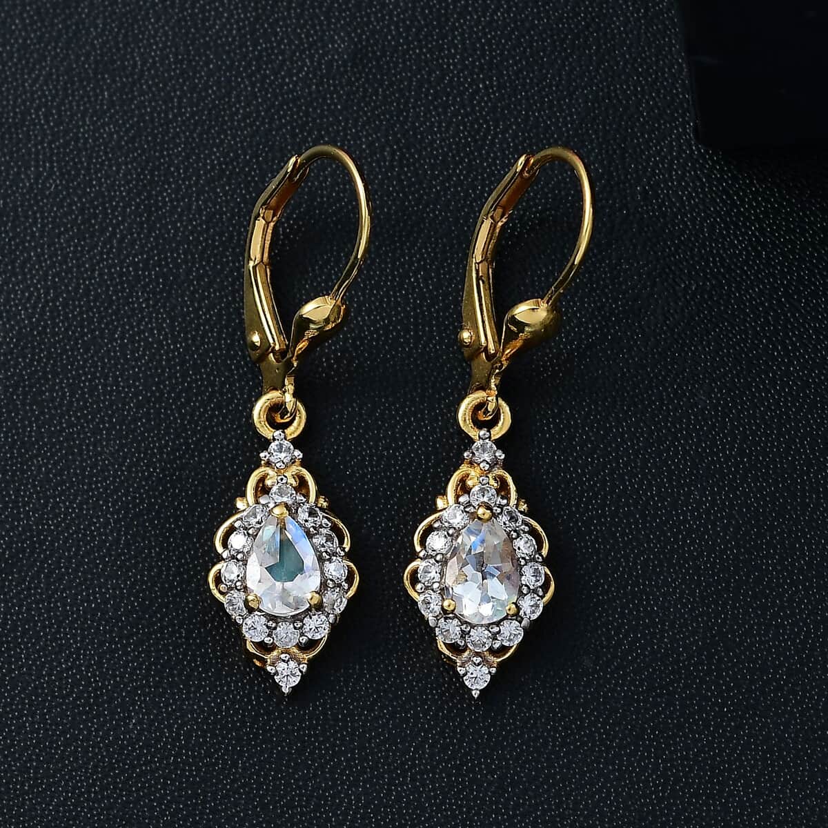 Premium Malagasy Moonstone and White Zircon 1.35 ctw Lever Back Earrings in 18K Vermeil Yellow Gold Over Sterling Silver image number 1