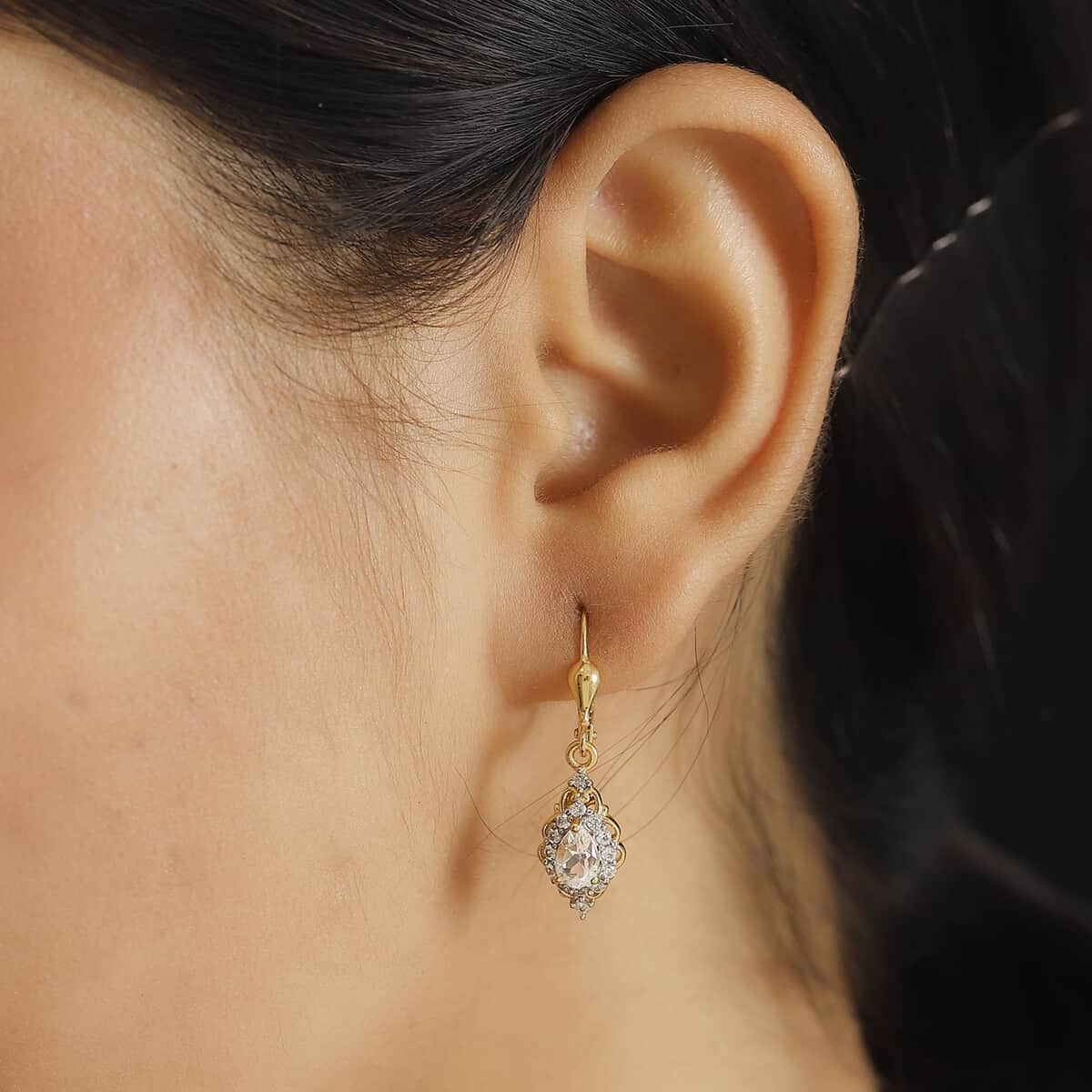 Premium Malagasy Moonstone and White Zircon 1.35 ctw Lever Back Earrings in 18K Vermeil Yellow Gold Over Sterling Silver image number 2