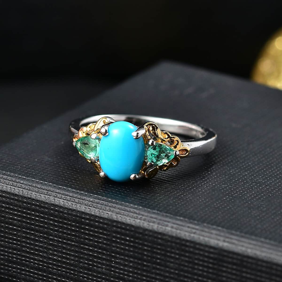 Sleeping Beauty Turquoise and Emerald 1.65 ctw Ring in 18K Vermeil YG and Rhodium Over Sterling Silver (Size 10.0) image number 1