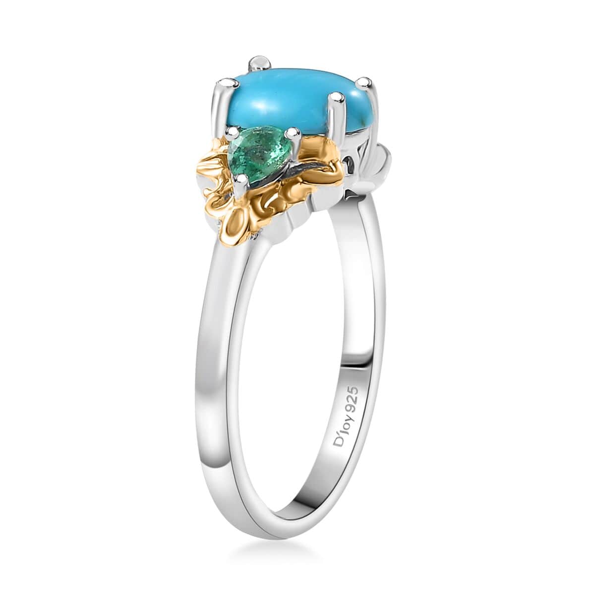 Sleeping Beauty Turquoise and Emerald 1.65 ctw Ring in 18K Vermeil YG and Rhodium Over Sterling Silver (Size 10.0) image number 3