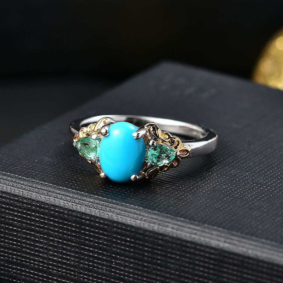 Sleeping Beauty Turquoise and Emerald 1.65 ctw Ring in 18K Vermeil YG and Rhodium Over Sterling Silver (Size 8.0) image number 1