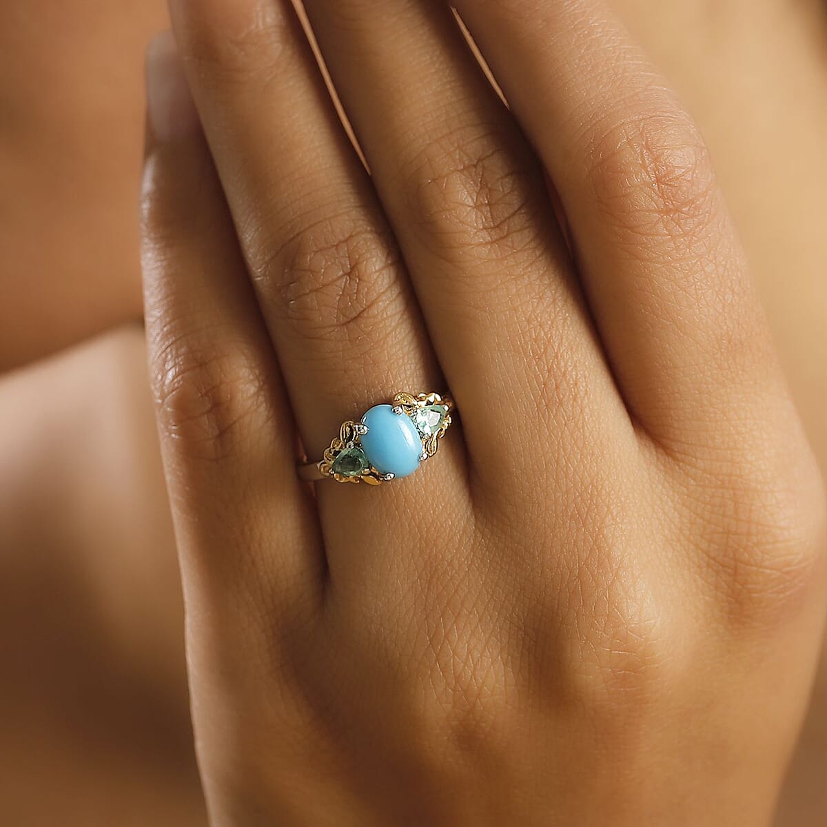 Sleeping Beauty Turquoise and Emerald 1.65 ctw Ring in 18K Vermeil YG and Rhodium Over Sterling Silver (Size 8.0) image number 2