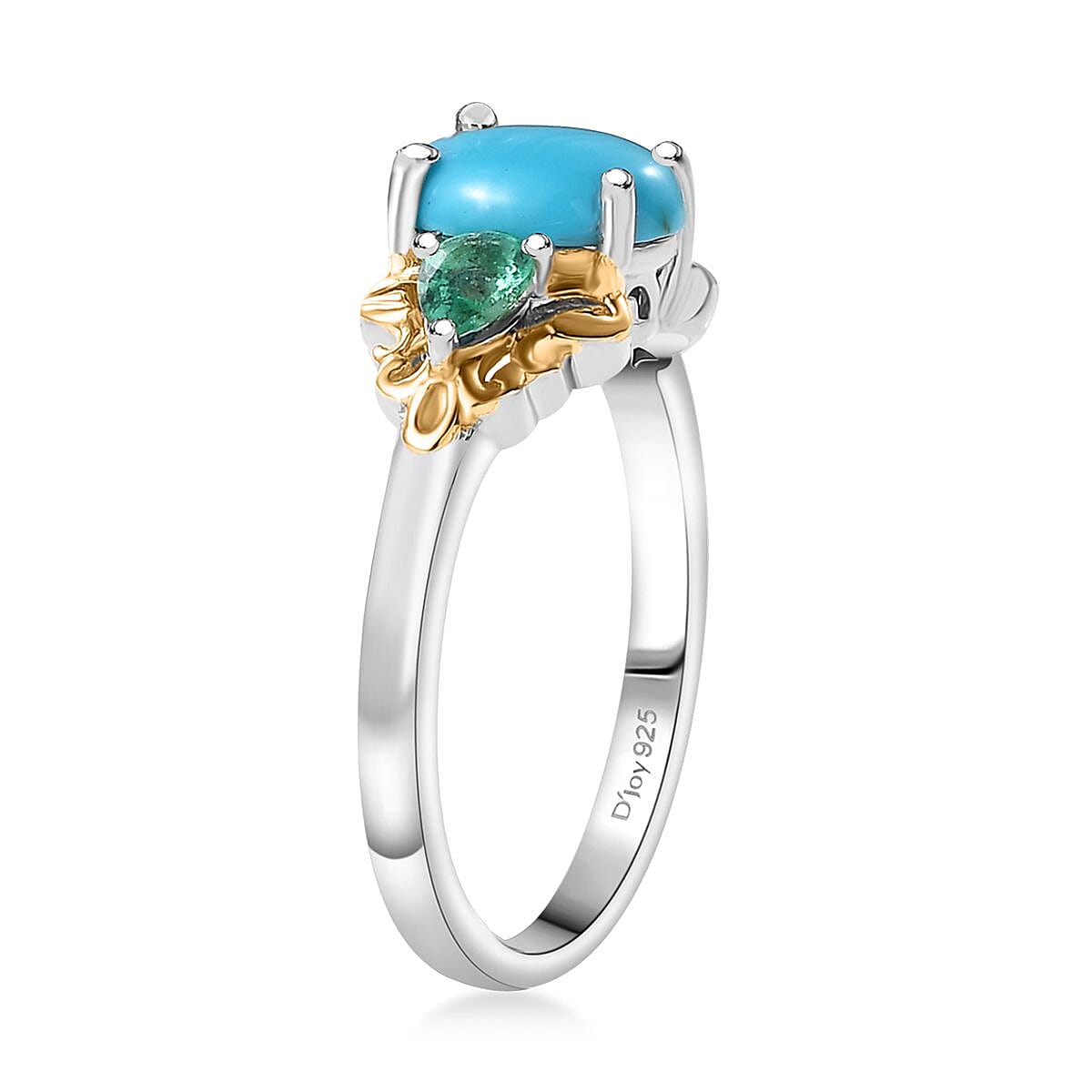 Sleeping Beauty Turquoise and Emerald 1.65 ctw Ring in 18K Vermeil YG and Rhodium Over Sterling Silver (Size 8.0) image number 3