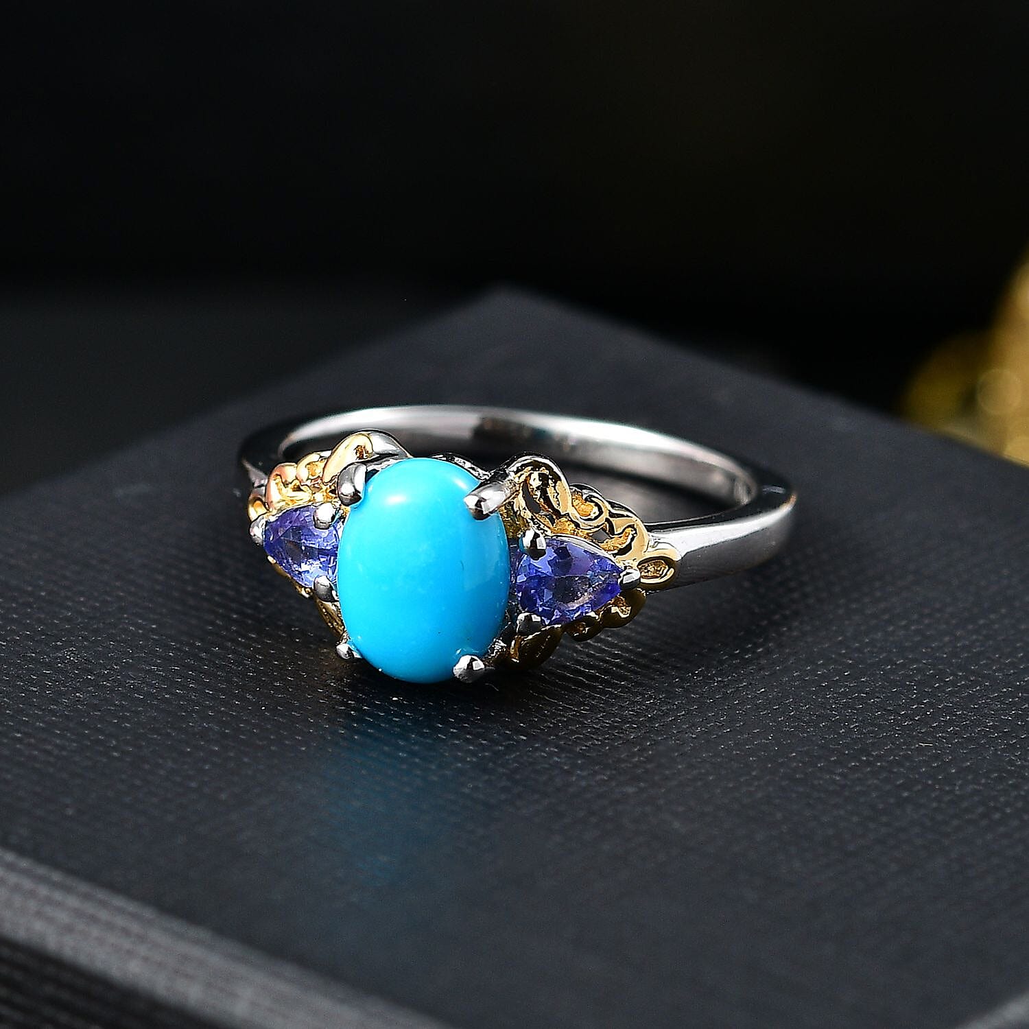 D'Joy Sleeping Beauty Turquoise and Tanzanite 1.70 ctw Ring in 18K Vermeil YG and Rhodium Over Sterling Silver (Size 10.0)