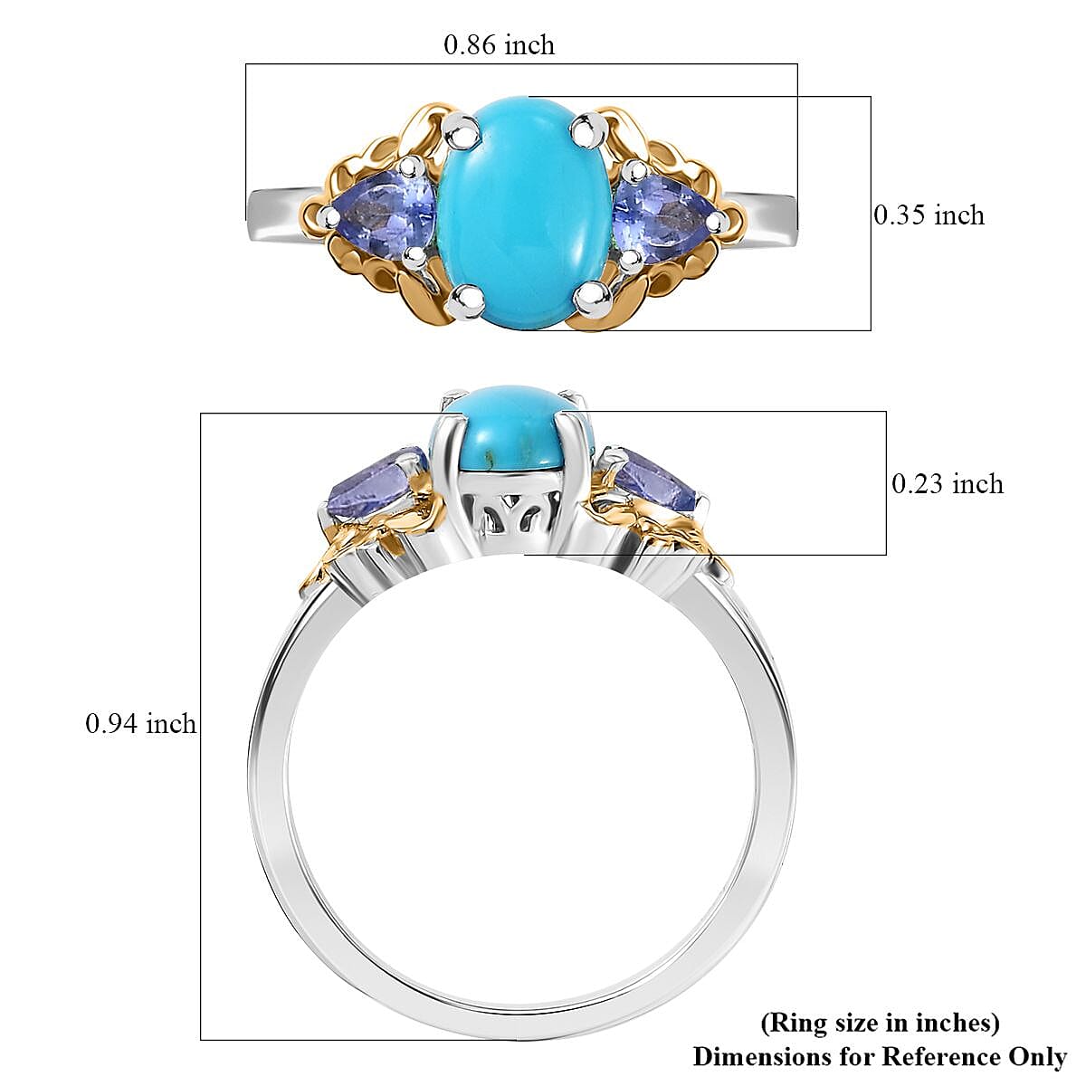 D'Joy Sleeping Beauty Turquoise and Tanzanite 1.70 ctw Ring in 18K Vermeil YG and Rhodium Over Sterling Silver (Size 10.0)